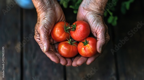 Elderly hands gently holding fresh tomatoes, rustic wooden table, garden ambiance generative ai