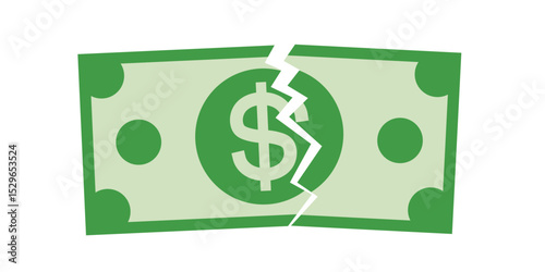 Torn dollar banknote with green color illustration vector design. Money decrease, falling value, currency depreciation, price down, profit loss, warning of financial crisis, recession.