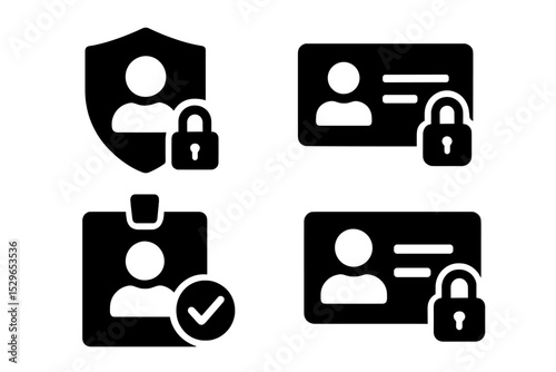Secure Identity Icons. Solid style icons of protected profiles: avatar lock, secure ID, access card, verified user. Solid style of