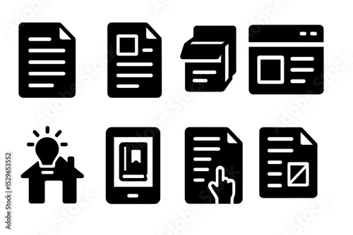 Solid Style Reading Icons. Solid style icons of reading content: article icon, blog post, product description, guide tab. Solid