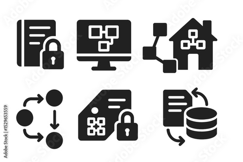 Blockchain System Icons. Solid style icons of blockchain systems: secure ledger, device block, chain network, home node. Solid