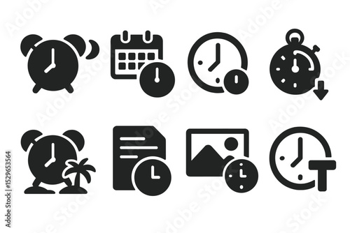 Deadline Icon Set. Solid style icons of deadline-based scenes: routine timer, scheduled event, end time, countdown icon. Solid