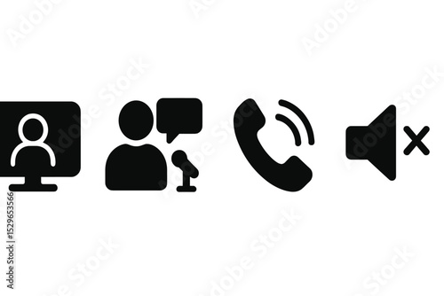 Startup Communication Icons. Solid style icons of startup calls: video call, pitch talk, audio meeting, dial tab. Solid style of
