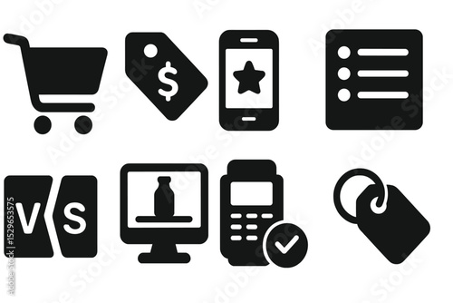 Solid Shopping Icons. Solid style icons of smart shopping: cart icon, pricing block, feature card, product list. Solid style of