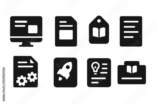 Solid Reading Icons. Solid style icons of reading resources: blog icon, whitepaper page, ebook tag, article sheet. Solid style of