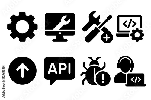 Tech Support Icons. Solid style icons of support development: gear icon, build screen, fix patch, backend support. Solid style of