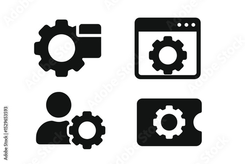 UI Settings Icons. Solid style icons of settings for support tools: gear menu, config tab, panel toggle, preference icon. Solid