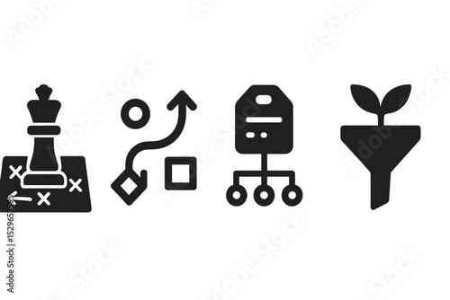 Strategic Support Icons. Solid style icons of support strategy: chess plan, workflow map, ticket tree, resolution funnel. Solid