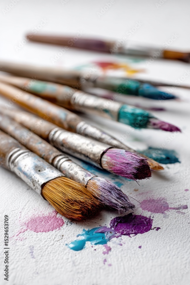 Fototapeta premium Paint Brushes Covered in Various Colors on White Canvas, Illustrating Artistic Expression and Creative Inspiration for Visual Arts Projects : Generative AI