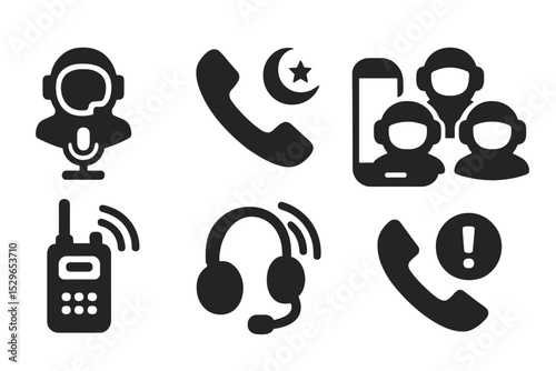 Space Communication Icons. Solid style icons of mission calls: astronaut mic, space call icon, contact screen, crew comms. Solid