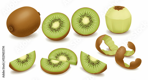 Illustrated set of kiwi fruit: whole fuzzy kiwi, cut in half revealing seeds, round slices, and peeled wedge, all in modern flat vector style with soft shadows and white background
