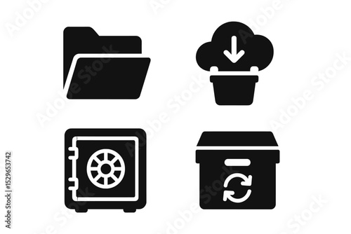 Solid File Storage Icons. Solid style icons of file and data storage: folder unit, cloud bin, data vault, archive box. Solid style