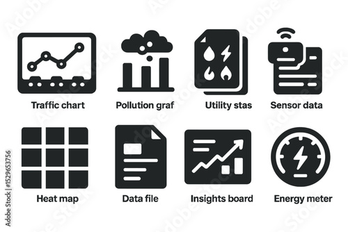 Urban Data Icons. Solid style icons of urban data: traffic chart, pollution graph, utility stats, sensor data log. Solid style of