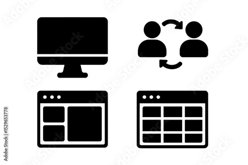 Solid Desktop Icons. Solid style icons of desktop tools: desktop screen, collaboration app, dashboard tile, layout grid. Solid