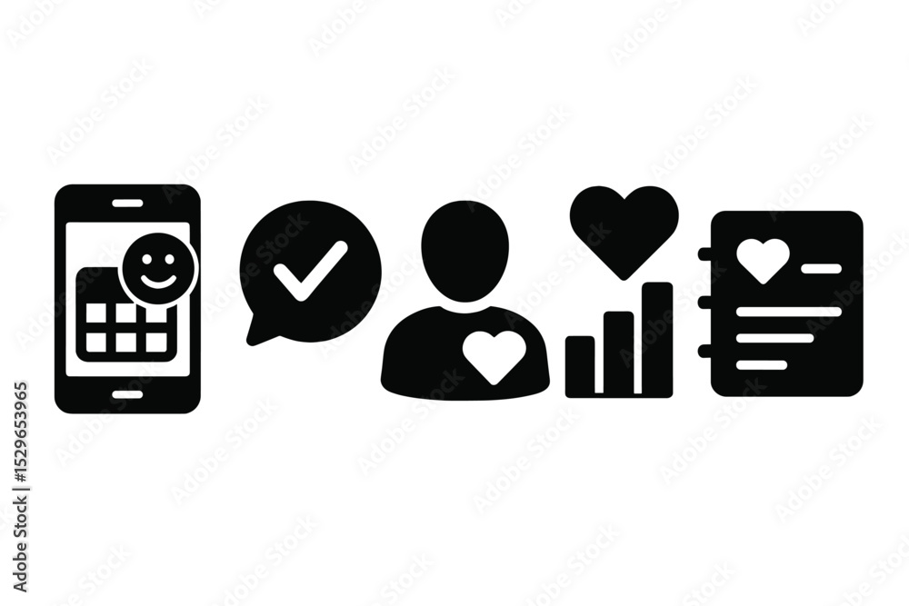 Wellness Check-In Icons. Solid style icons of wellness check-in tools: app with wellness calendar, check-in notification badge, Wellness Check-In Icons. Solid style icons of wellness check-in tools: app with wellness calendar, check-in notification badge,