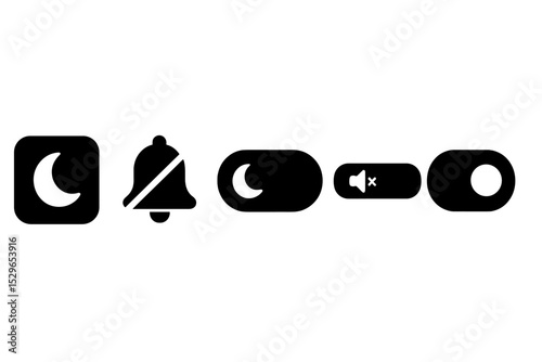 Quiet Mode Icons. Solid style icons of quiet mode toggles: app toggle with moonlight, silent mode indicator, quiet time switch,