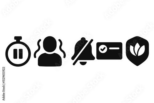 Digital Mindfulness Icons. Solid style icons of digital mindfulness reminders: timer with pause icon, user with calm aura, quiet