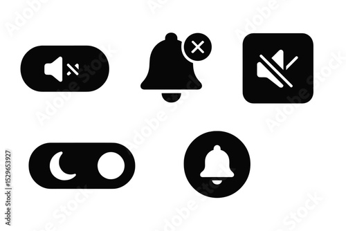 Quiet Mode Icons. Solid style icons of quiet mode toggles: toggle with quiet symbol, bell mute badge, silent mode app icon, night
