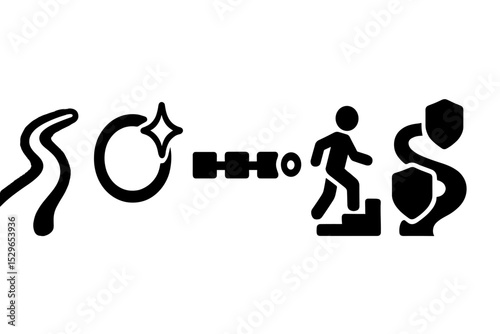 Solid Pathway Icons. Solid style icons of focus flow paths: glowing pathway icon, flow ring with spark, digital progress line,