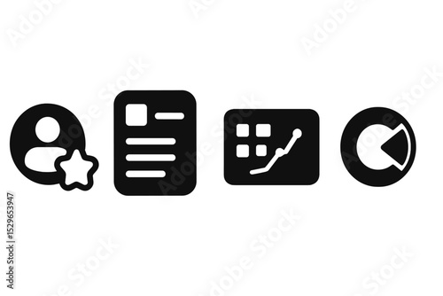 Minimal Dashboard Elements. Solid style icons of serene dashboard elements: user stats badge, dashboard sidebar with soft edges,