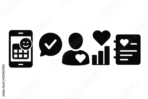 Wellness Check-In Icons. Solid style icons of wellness check-in tools: app with wellness calendar, check-in notification badge,
