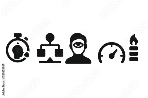 Focus and Balance Icons. Solid style icons of balanced digital focus: timer with breath control, balanced workflow diagram, user