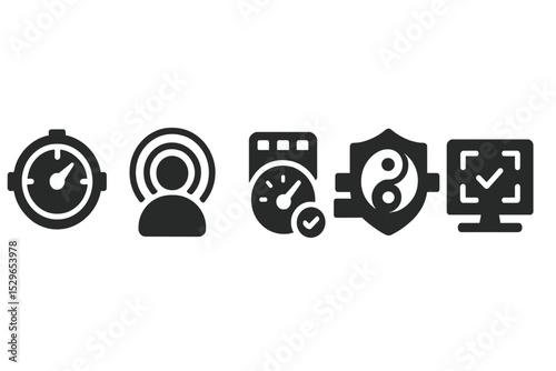 Balanced Focus Icons. Solid style icons of balanced focus tools: focus dial with balance ring, user with steady aura, calm task