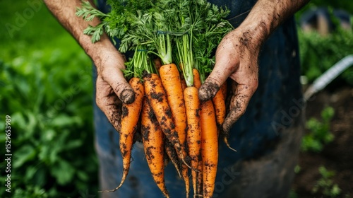Farmer showing a bunch of freshly picked carrots with green leaves and soil still visible generative ai