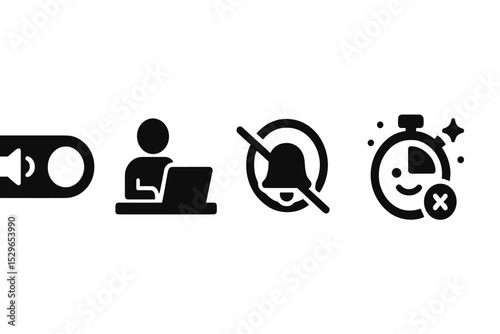 Quiet Productivity Icons. Solid style icons of quiet productivity features: digital silence toggle, quiet work session, mute