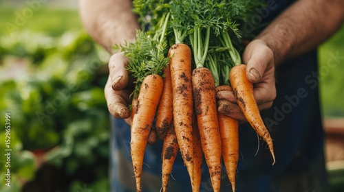Farmer showing a bunch of freshly picked carrots with green leaves and soil still visible generative ai