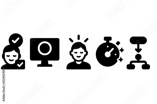 Digital Workflow Serenity. Solid style icons of serene digital equilibrium: calm task completion, digital focus ring, user with
