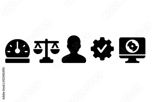 Mindful Digital Balance Icons. Solid style icons of mindful digital equilibrium: flow meter with equal parts, balanced task