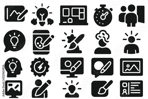 Virtual Creativity Icons. Solid style icons of virtual creativity spaces: digital sketchpad, brainstorming lightbulb, mood board