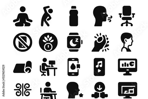 Remote Wellness Icons. Solid style icons of remote wellness practices: meditation pose, stretching exercise, water bottle,