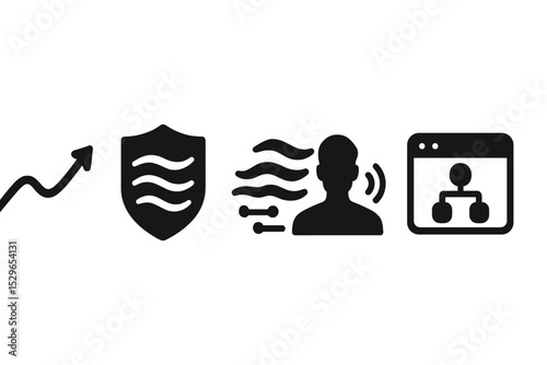 Serene Digital Flow Icons. Solid style icons of serene digital flow: smooth progress line, calm flow badge, digital flow streak,