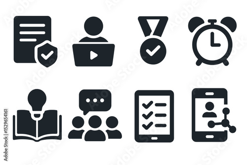 Personalized Learning Icons. Solid style icons of personalized learning journeys: content adjustment badge, webinar participation