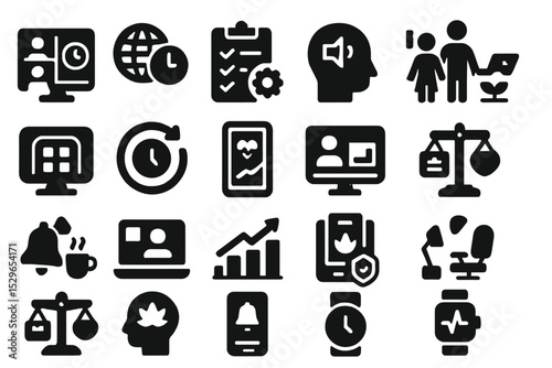 Hybrid Work Life Icons. Solid style icons of hybrid work life balance: virtual coworking badge, time zone converter, remote task