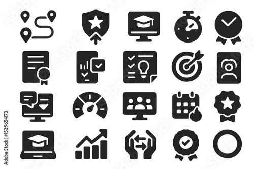 Personalized Learning Icons. Solid style icons of personalized learning journeys: learning path map, skill progression badge,