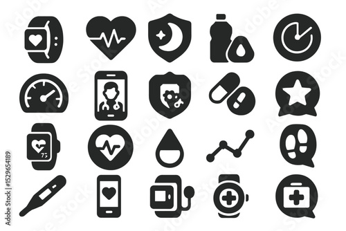 Smart Health Icons. Solid style icons of smart health monitoring: wearable fitness band, heart rate monitor icon, sleep tracking