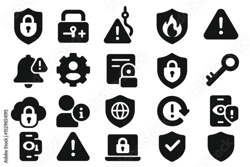 Cybersecurity Icons Collection. Solid style icons of cybersecurity awareness tools: secure vault badge, password lock icon,