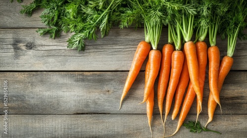 Fresh carrots, with green tops, on a weathered wooden table, countryside kitchen vibe generative ai