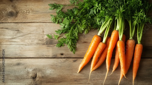 Fresh carrots, with green tops, on a weathered wooden table, countryside kitchen vibe generative ai
