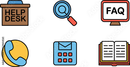 Help desk support faq contact us information assistance service search email book icons vector design 100 editable stock vector illustration