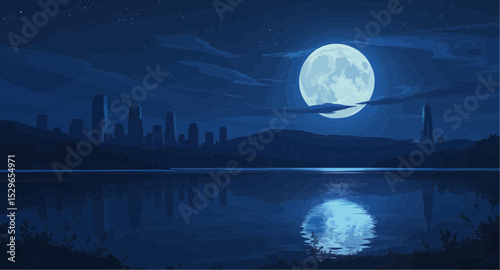 Serene Nightscape City Skyline Reflected in Moonlit Lake