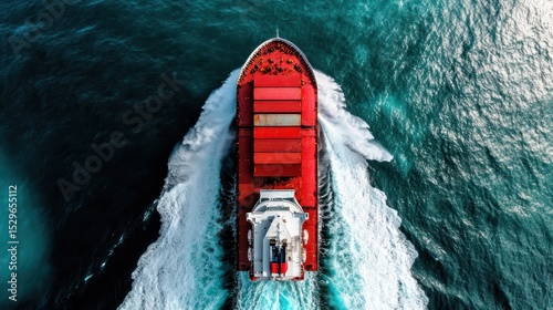 An impressive cargo ship makes its way through vibrant blue ocean waters, symbolizing global trade and the movement of goods across vast distances.