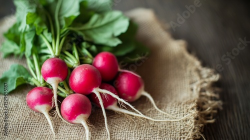 Fresh radishes, still with roots, on burlap, farm-to-table concept generative ai