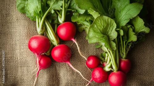 Fresh radishes, still with roots, on burlap, farm-to-table concept generative ai