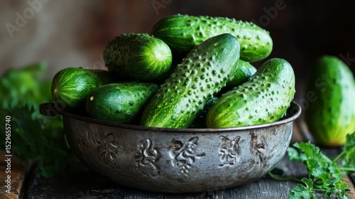 Green cucumbers, in a rustic metal bowl, natural light, wooden surface generative ai