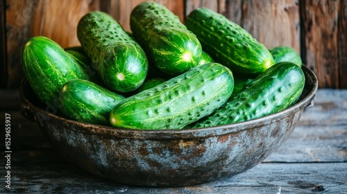 Green cucumbers, in a rustic metal bowl, natural light, wooden surface generative ai