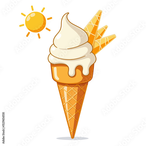 Ice cream cone with soft serve and sunshine in the background  